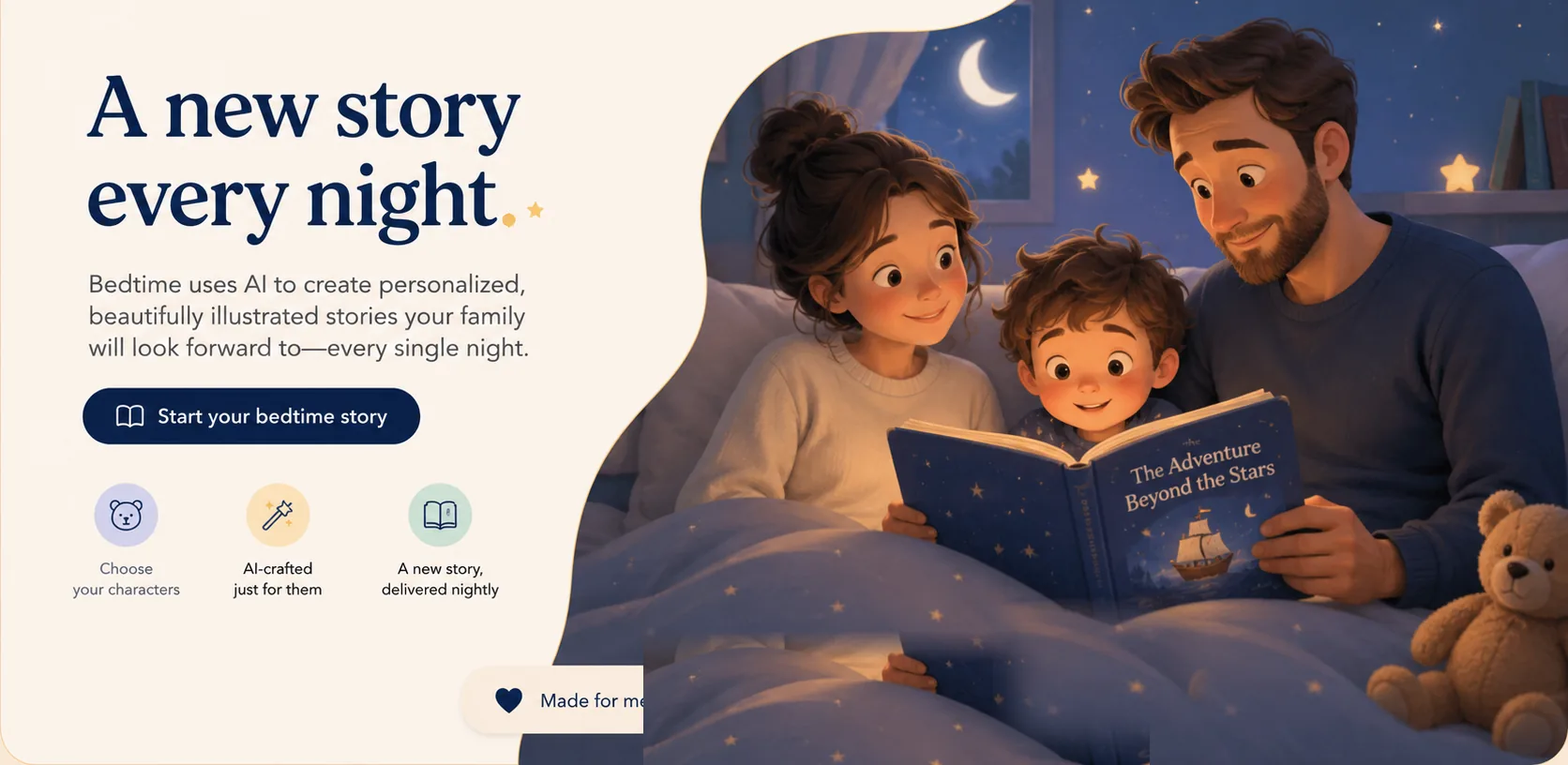A family reading a personalized illustrated story together in bed at night.