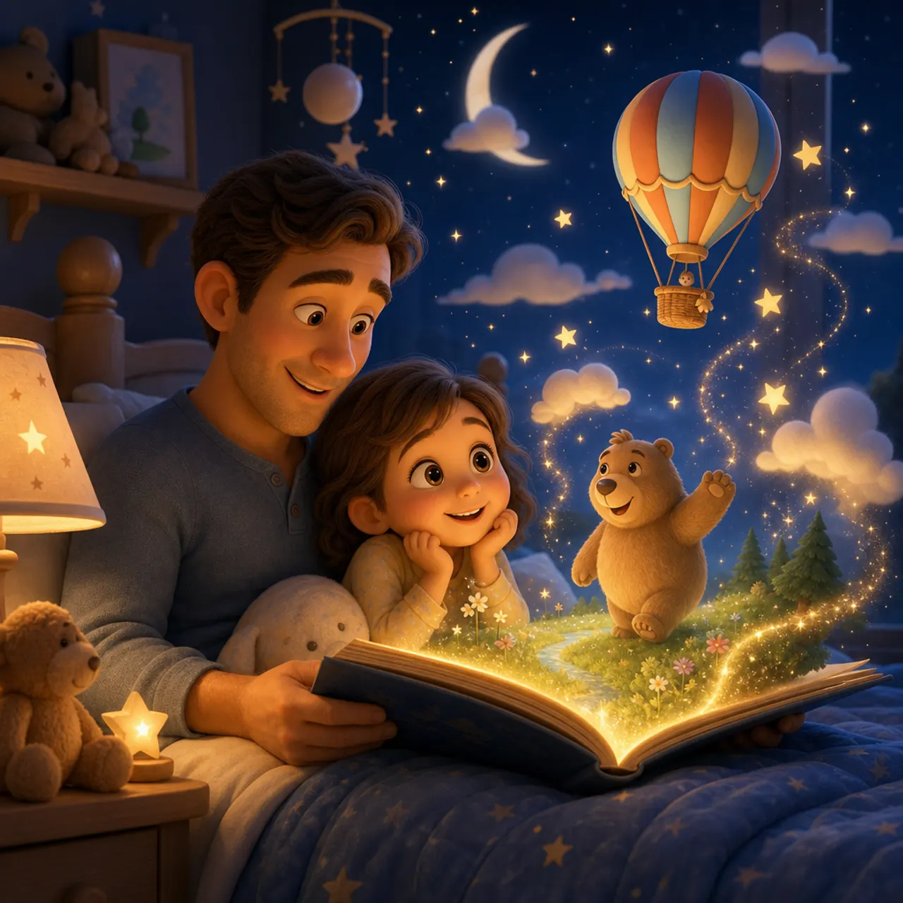 A parent reading a picture book to a child in bed while imagined story characters float dreamily above the open book.
