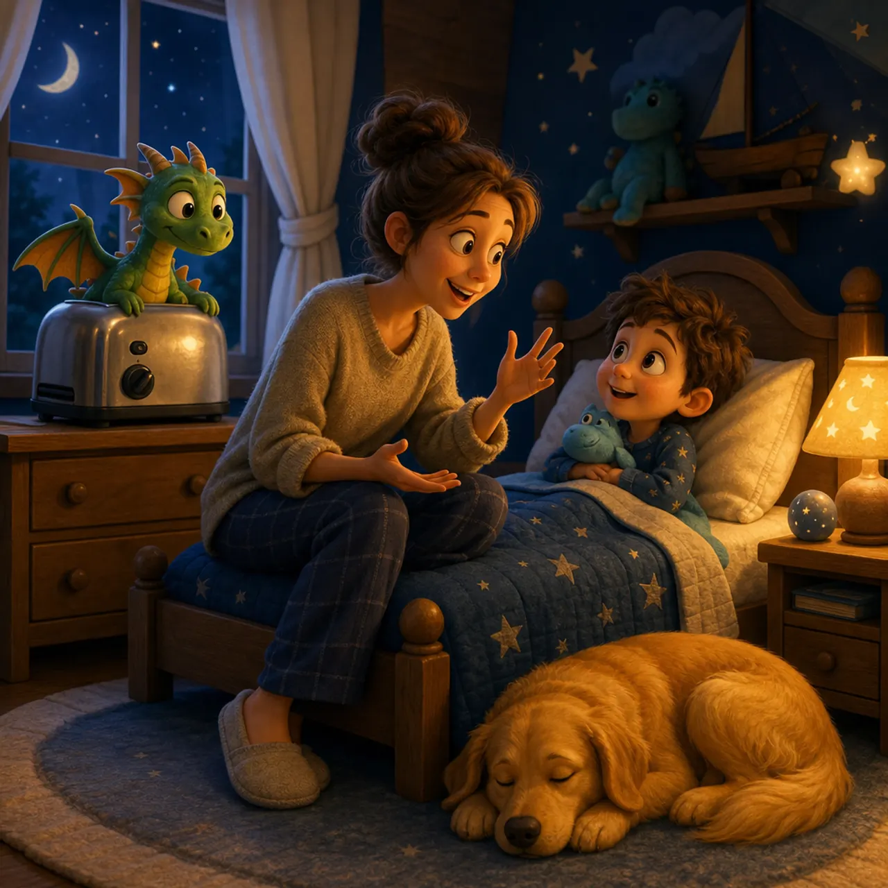 A tired but smiling parent inventing a story at a child's bedside while a tiny dragon peeks out of a toaster on the dresser.