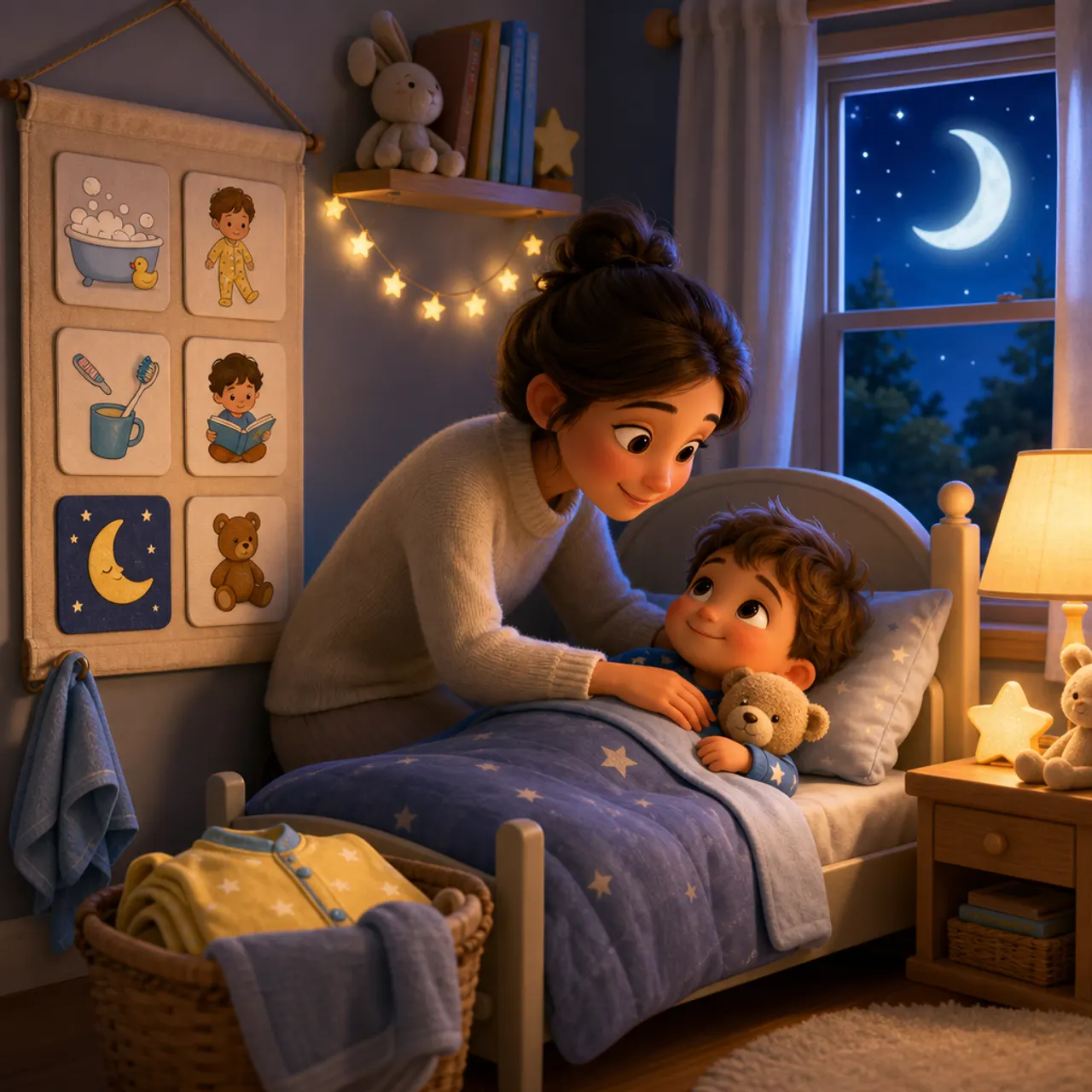 A parent tucking a toddler into bed beside a picture routine chart on the wall, with a crescent moon glowing through the window.