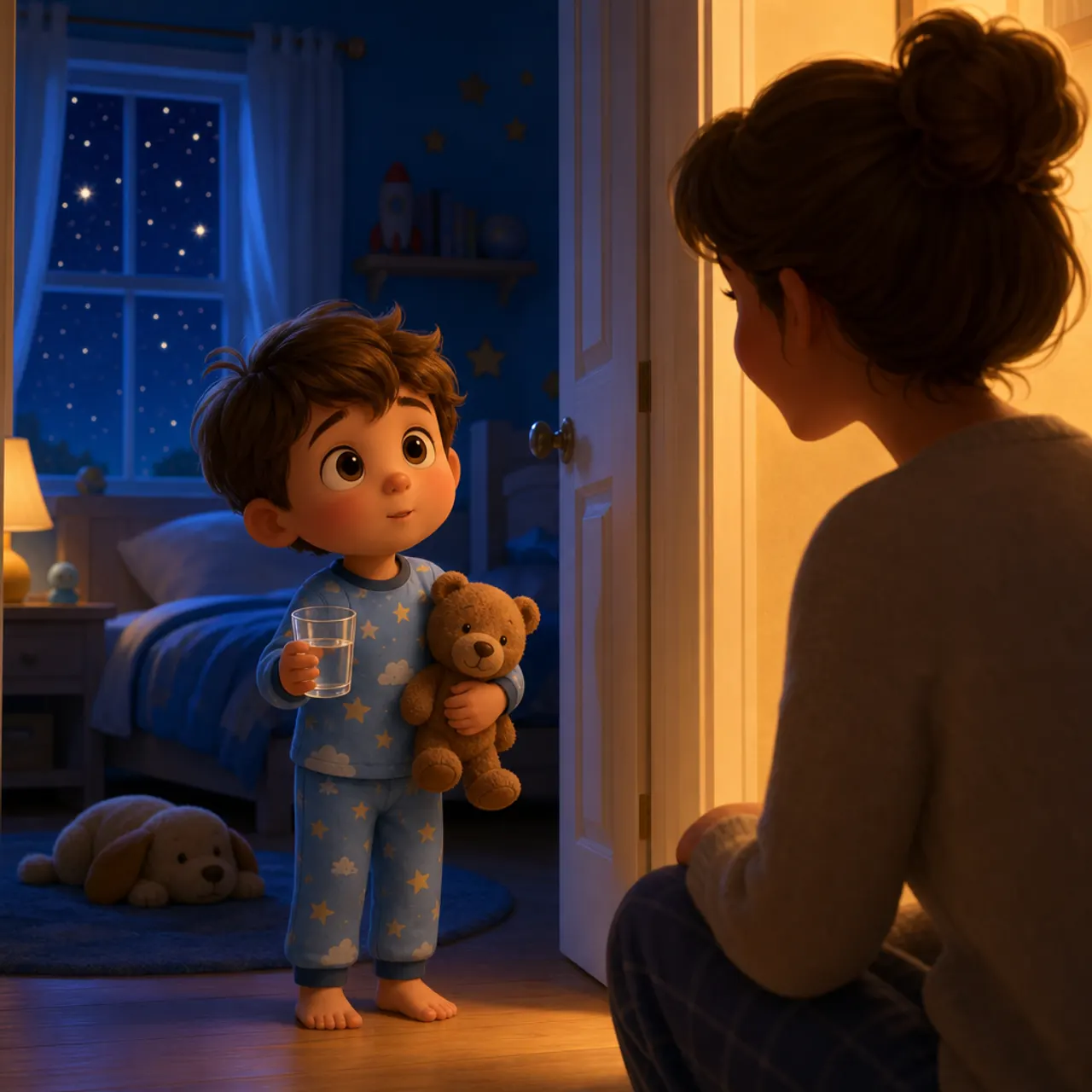 A small child in pajamas standing in a doorway holding a glass of water and a teddy bear, stalling at bedtime.
